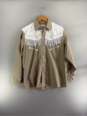Vintage Tejas Ranchwear Embroidered Western Pearl Snap Shirt Fringe Mens Sz 38